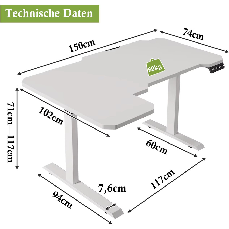 Radlove Elektrisch Höhenverstellbarer L-Schreibtisch mit zwei Motoren, Eckschreibtisch in Weiß, Breite: 150 cm - Bild 2