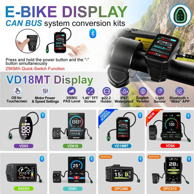Varstrom VD18MT E-Bike Display mit Farb-Touchscreen, Bluetooth, IP67 wasserdicht, Schwarz, kompatibel mit BBS01B BBS02B BBSHD TSDZ2B TSDZ8 und weiteren Protokollen - Bild 1
