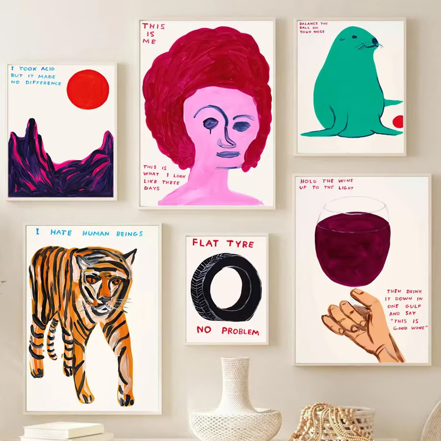 MINISO Wandkunst Leinwandmalerei David Shrigley Motiv Reifen Wein Storch Tiger Hund in Mehrfarbig - Bild 3