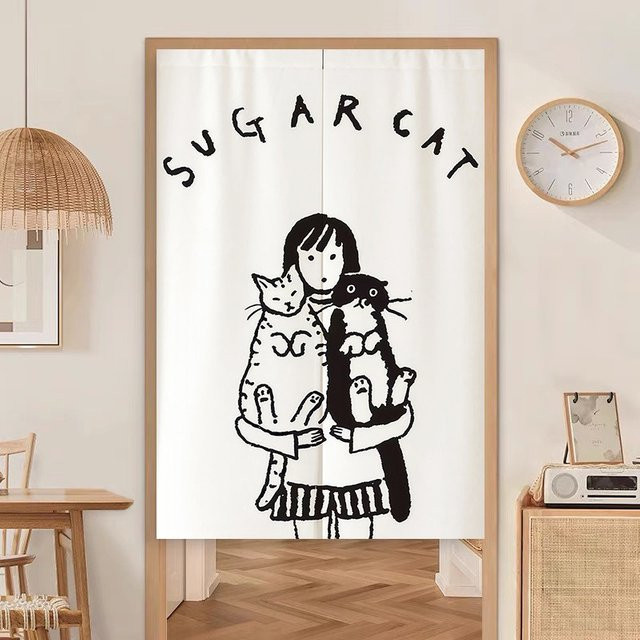 VIKAMA Vintage Katzen Türvorhang als Sichtschutz in Weiß mit Tiermotiv für Schlafzimmer, Badezimmer und Wohnzimmer - Bild 1