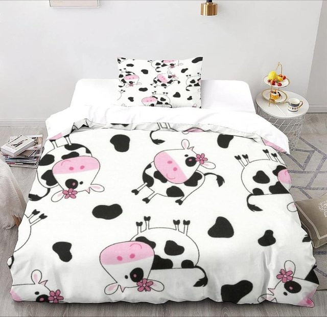 Your Warm Home Mikrofaser Bettwäsche Set mit Cartoon Kuh Motiv, 3-teilig, Weiß, B/H: 90 x 200 cm - Bild 1