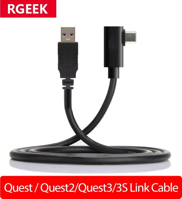 RGEEK USB-A auf USB-C Datenkabel mit 90 Grad Ellenbogen-Link für Meta Quest 2, Quest 3 und Quest 3S, Schwarz - Bild 1