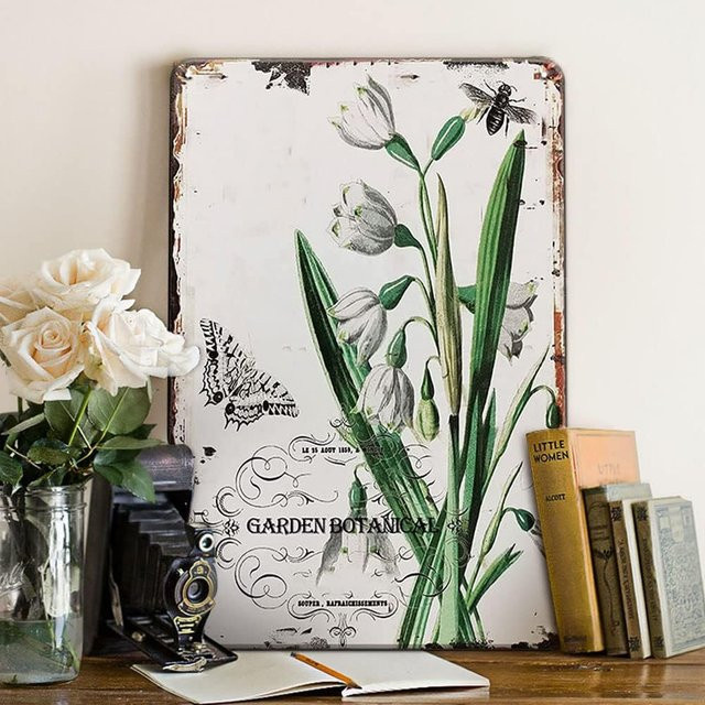 YOYI ART Vintage Blechschild Galanthus Nivalis Bienenblumen im Shabby Chic Stil, Mehrfarbig, B: 20,0 cm, H: 14,0 cm - Bild 1