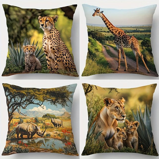 4-teiliges Kissenbezug-Set von JMG Clothing mit afrikanischem Safari-Motiv und Tiermotiven, Mehrfarbig, B/B: 60 x 60 cm - Bild 1