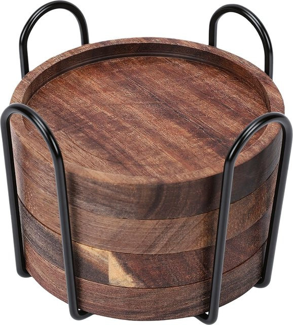 Fishine Holzuntersetzer Set aus 4 Stück in Braun, rund und saugfähig mit Halter für Couchtisch und Esstisch - Bild 1