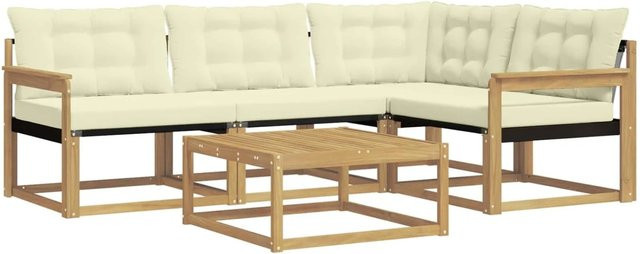 vidaXL Outdoor-Sofagarnitur aus Akazienholz in L-Form mit Textilene-Bezug und Polstern, 5-teilig, Weiß und Beige, B/T/H: 79 x 79 x 37 cm - Bild 1