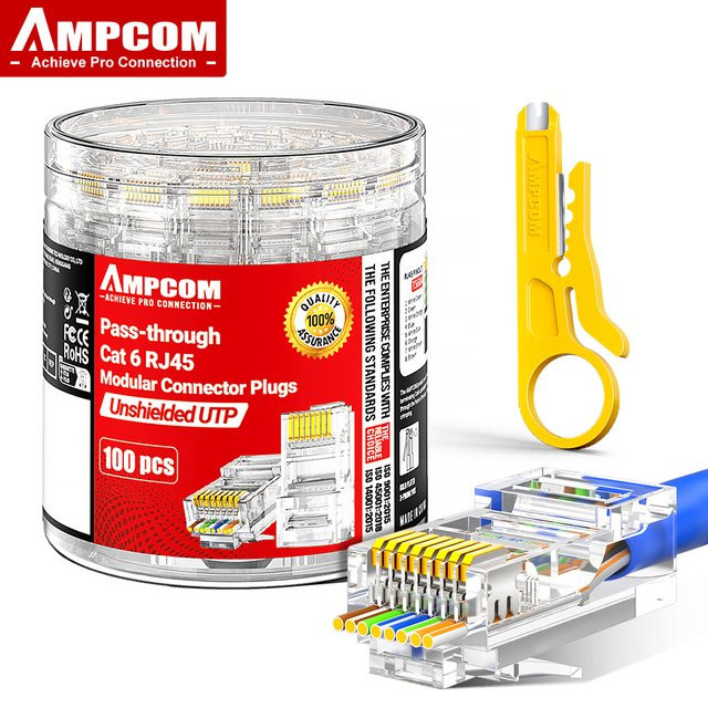 AMPCOM RJ45 Modularstecker Pass-Thru-CAT6 UTP 8P8C Ethernet-Stecker transparent - Bild 1