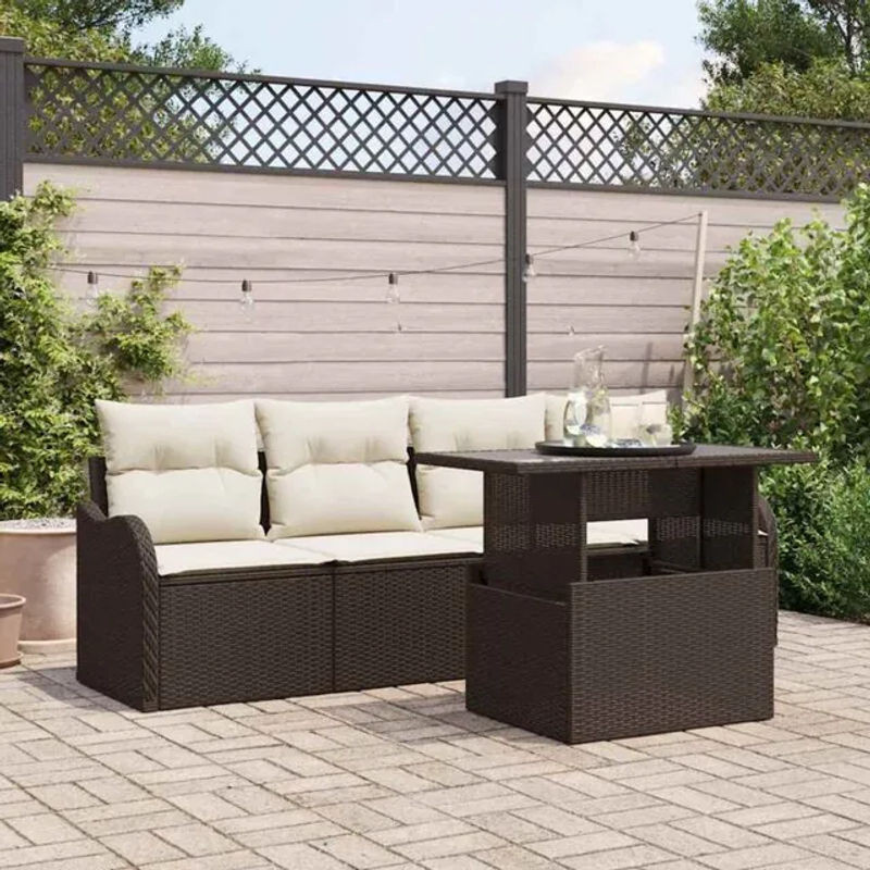 Vidaxl Garten-Sofa-Set aus Poly-Rattan in Braun mit 5 Teilen und cremefarbenen Kissen, modulares Loungemöbel-Set - Bild 1