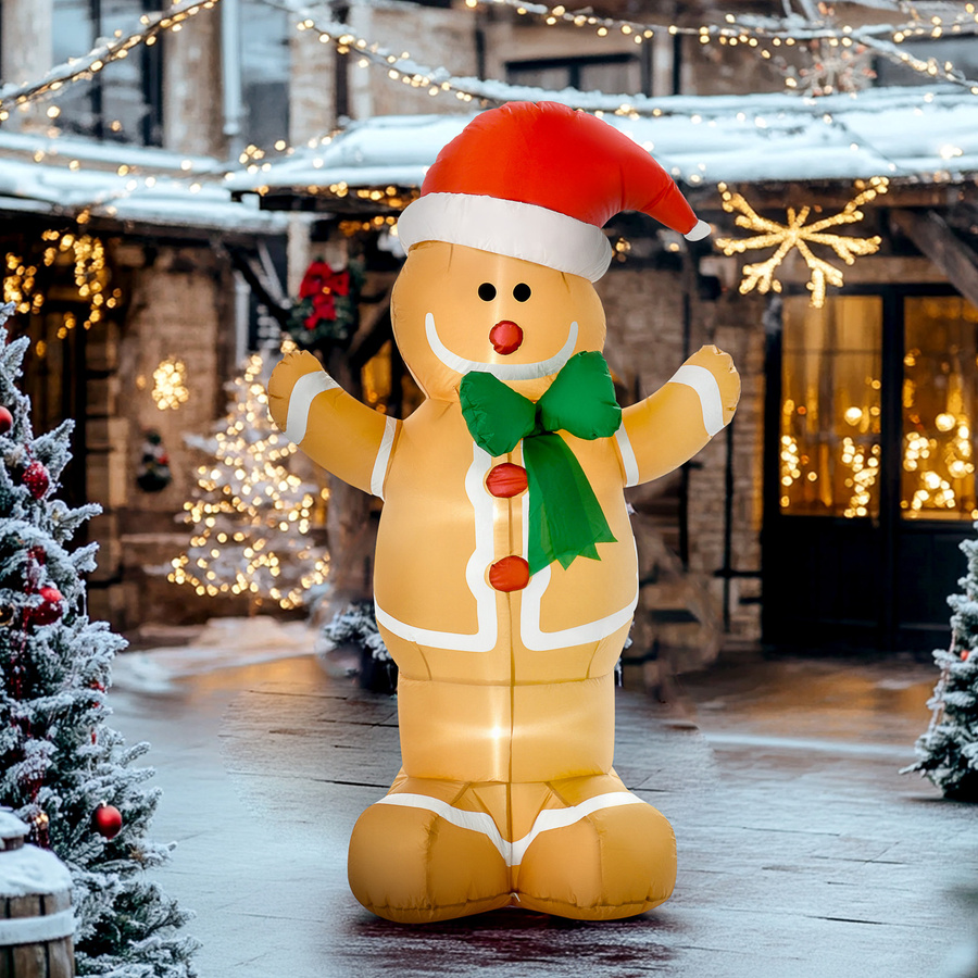 HOMCOM Aufblasbarer Weihnachts-Lebkuchenmann mit Schleife, Wetterfeste Gartendeko für Innen- und Außenbereich, Farbe: Braun und Gelb, Höhe: 183 cm - Bild 2