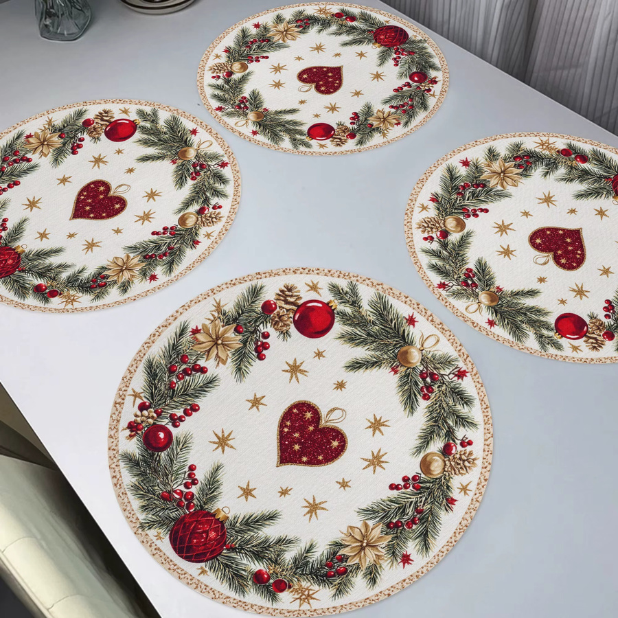 VIKAMA 4er Set Weihnachts-Mahlzeitmatten aus Leinen in Herzform mit Beeren, Gold und Glocken Motiv in Mehrfarbig - Bild 2