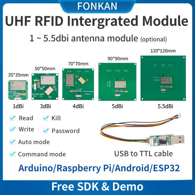 UHF-RFID-Modul mit integrierter Antenne und TTL232-Schnittstelle, ISO18000-6C kompatibel, Farbe: Grün, für Arduino, Raspberry Pi und ESP32 - Bild 1