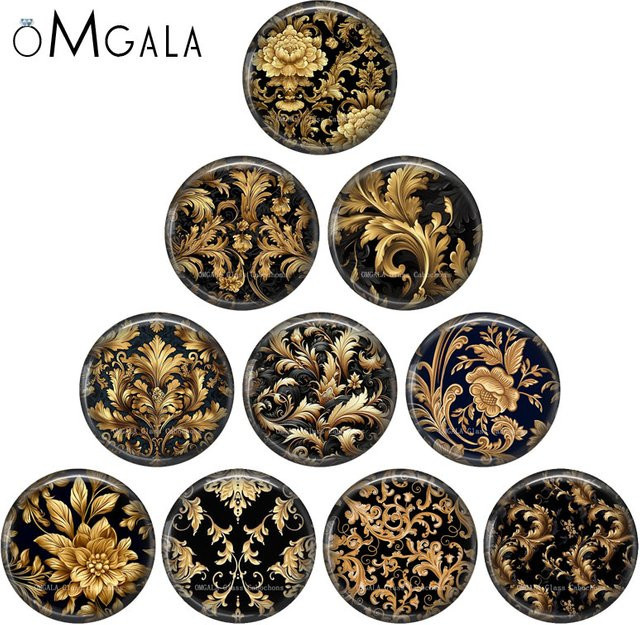 OMGALA Cabochon Foto-Glas-Anhänger, Blumenmuster, Gold, Rund - Bild 1