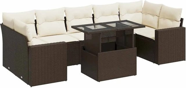 vidaXL 8-teilige Garten-Sofagarnitur in L-Form aus braunem Poly-Rattan mit cremeweißen Kissen und pulverbeschichtetem Stahlgestell - Bild 1