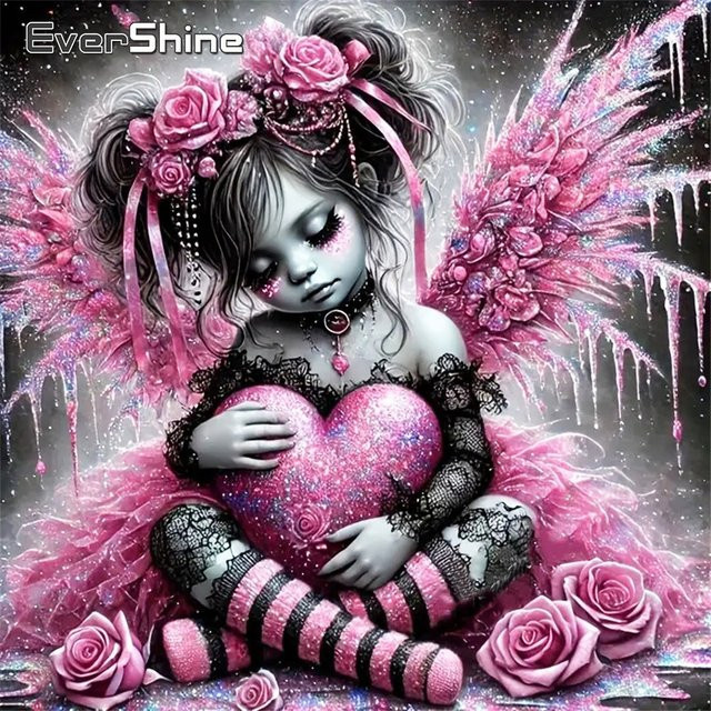 EverShine DIY Diamantstickerei Set Mädchen Porträt mit Herz und Flügeln, Rosa Wanddekoration als Acryl Mosaik Kunstwerk - Bild 1