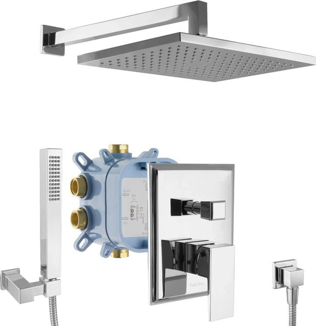 PaulGurkes Regendusche Duschsystem Unterputz in Chrom mit Eckigem Duschkopf und Handbrause - Bild 1
