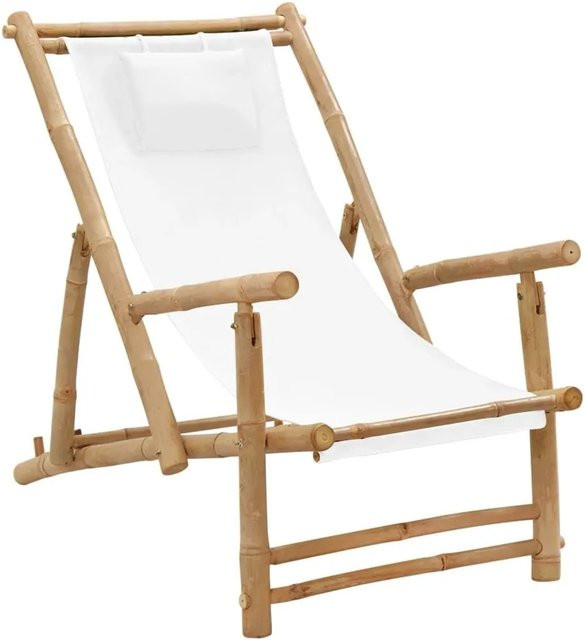 vidaXL Liegestuhl aus Bambus und Canvas in Beige und Weiß mit verstellbarer Kopfstütze und Armlehnen - Bild 1