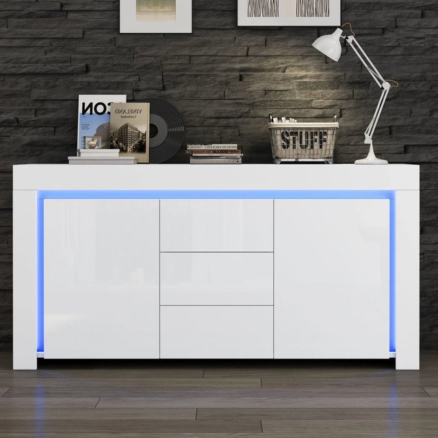Merax Sideboard in Weiß mit Hochglanz-Finish, LED-Beleuchtung, 2 Türen und 3 Schubladen, B/T/H: 140 x 40 x 65 cm - Bild 1