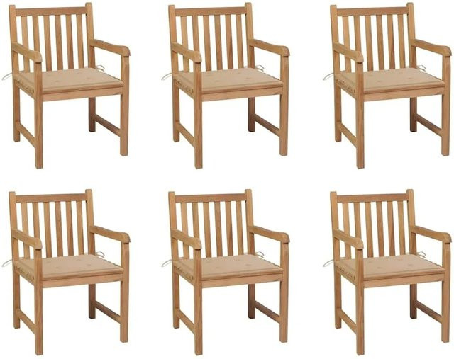 6er Set vidaXL Gartenstühle aus Teakholz mit beigen Sitzkissen in Braun - Bild 1