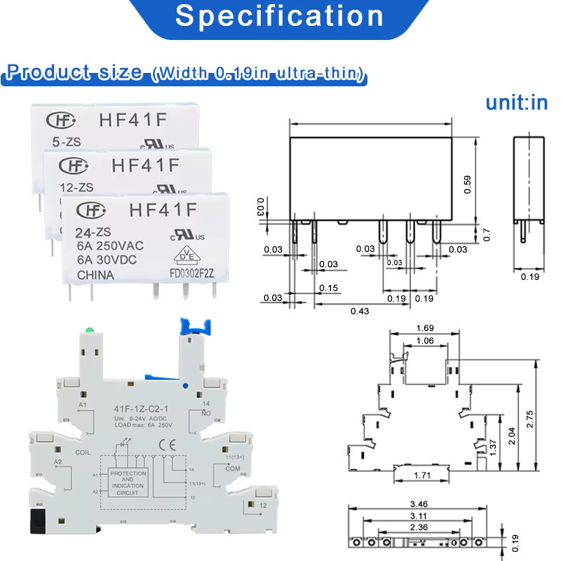 10er Set LCTC Slim Relais Module HF41F für DIN-Schiene, Industrielle Schnittstelle, 5V/12V/24V, 6A, 250VAC/30VDC - Bild 2