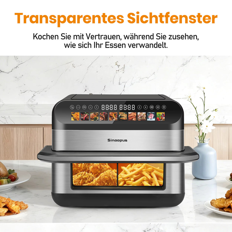 Sinaopus Fettfreie Doppelkorb-Heißluftfritteuse XXL mit LED-Touch-Fenster und Digitaldisplay, Schwarz, 10 l - Bild 2