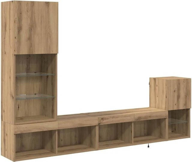vidaXL TV-Wandregal-Set mit LED-Beleuchtung in Artisan-Eiche, modernes Design für dein Wohnzimmer, Set bestehend aus 4 Wandregalen: Regal 1 L: 30,5 cm, B: 30 cm, H: 60 cm; Regal 2 L: 40,5 cm, B: 30 cm, H: 102 cm; Regal 3 & 4 L: 80 cm, B: 30 cm, H: 30 cm - Bild 1