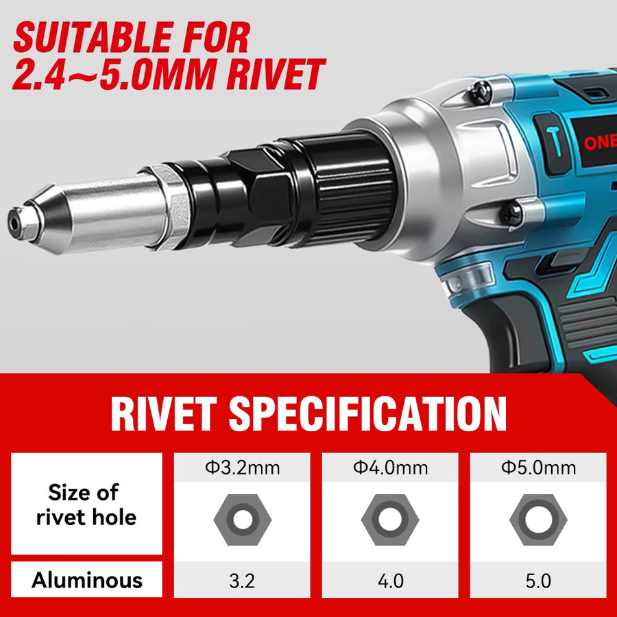 ONEVAN Bürstenlose Akku-Nietpistole 2000W in Blau, passend für Makita 18V Akkus, für Nietarbeiten von 2,4-5,0 mm - Bild 4