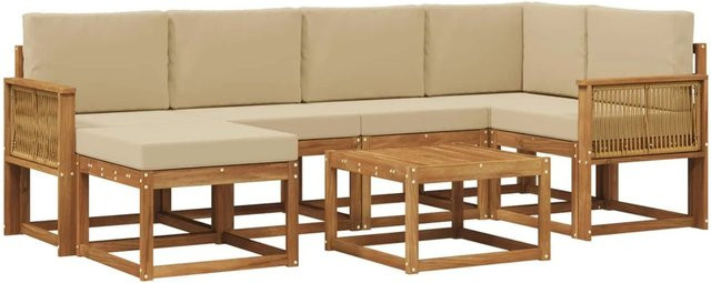 vidaXL Outdoor-Sofagarnitur aus Massivholz Akazie in L-Form, 7-teiliges Set mit Polstern in Natur und Beige - Bild 1