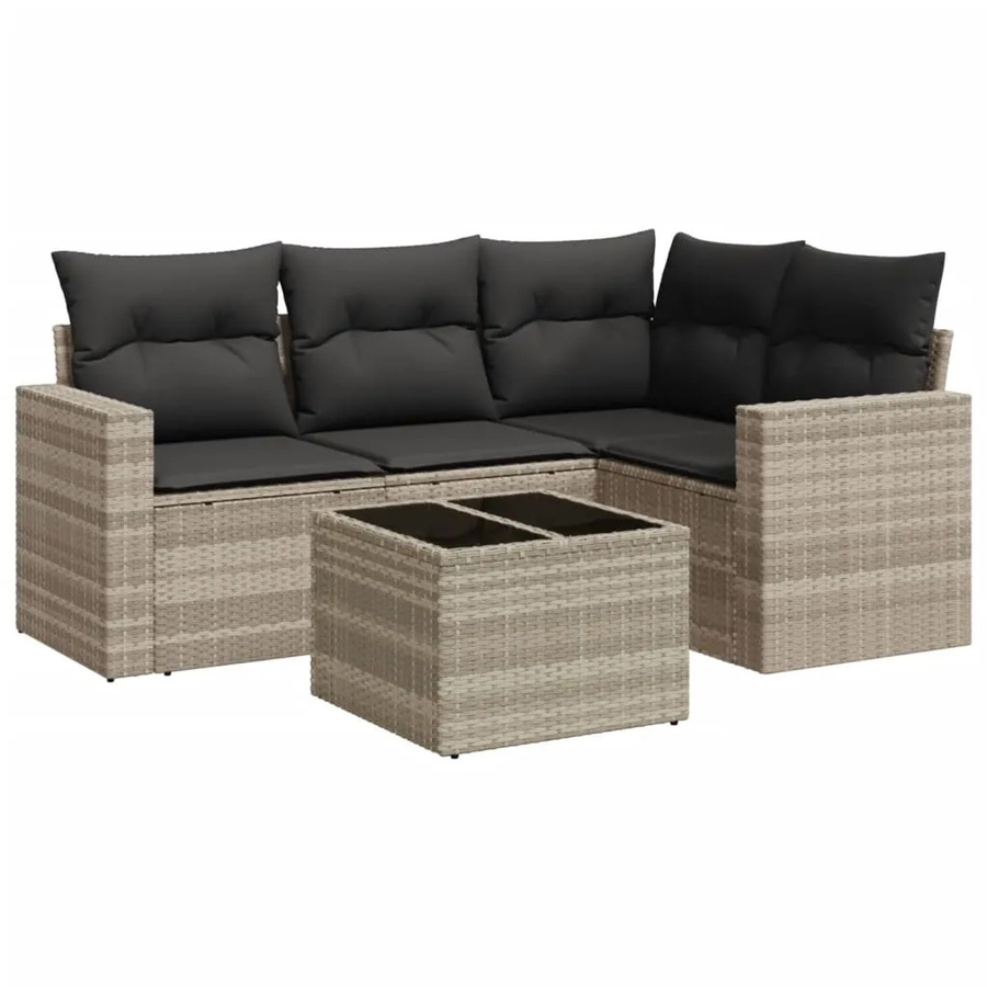 vidaXL 5-tlg Garten-Sofagarnitur in L-Form aus hellgrauem Poly-Rattan mit UV-beständigen Kissen und pulverbeschichtetem Stahlgestell - Bild 2