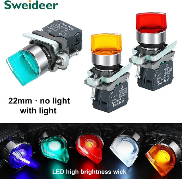Sweideer Xb4 Drehschalter mit LED-Leuchtanzeige 22mm, 2 Positionen, selbsthemmend, 1NO/2NO/1NO1NC, 12V/24V, 10A, Farben: Rot, Grün, Weiß - Bild 1