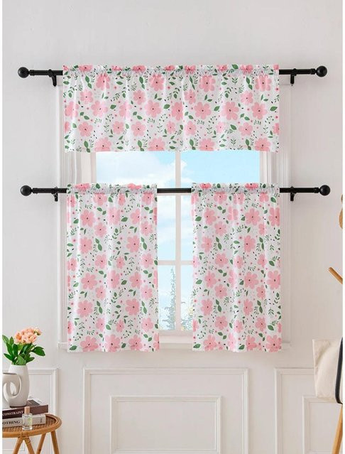 Küchenvorhänge mit Blumenmuster in Multicolour, semi-transparent, moderner Stil, B/H: 68 x 91 cm und 60 x 91 cm - Bild 1