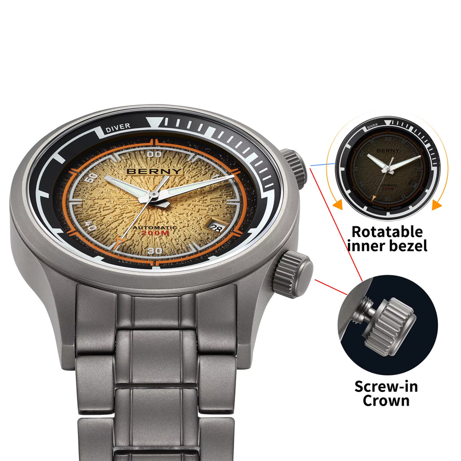 BERNY Taucheruhr, Titan, Automatik, 20 ATM, Herren, Schwarz, Silber - Bild 3