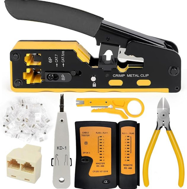 RJ45 Crimp Tool Kit Netzwerk Reparaturset für Cat5 Cat6 Cat7 inklusive Kabeltester und KD-1 Drahtschneider in Gelb - Bild 1