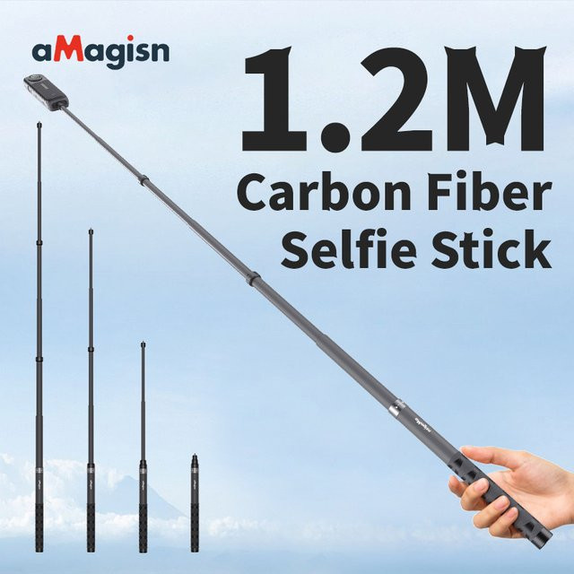 AMagisn Unsichtbarer Selfie Stick aus Carbon Fiber für Insta360 und GoPro, Gerade Pull Erweiterte Einbeinstativ, Schwarz, 1,2 m - Bild 1