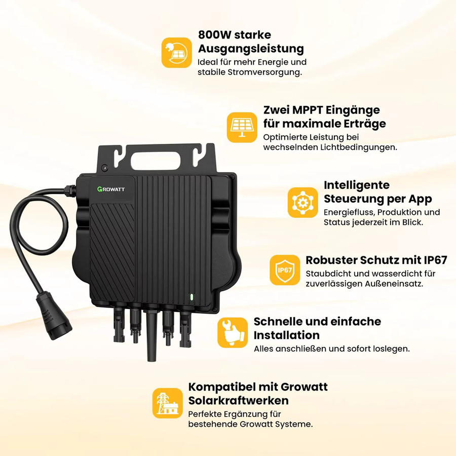 Growatt NEO 800M-X Mikro-Wechselrichter für Balkonkraftwerke mit 800W, 2 MPPT, WiFi und App-Steuerung, Schwarz - Bild 3
