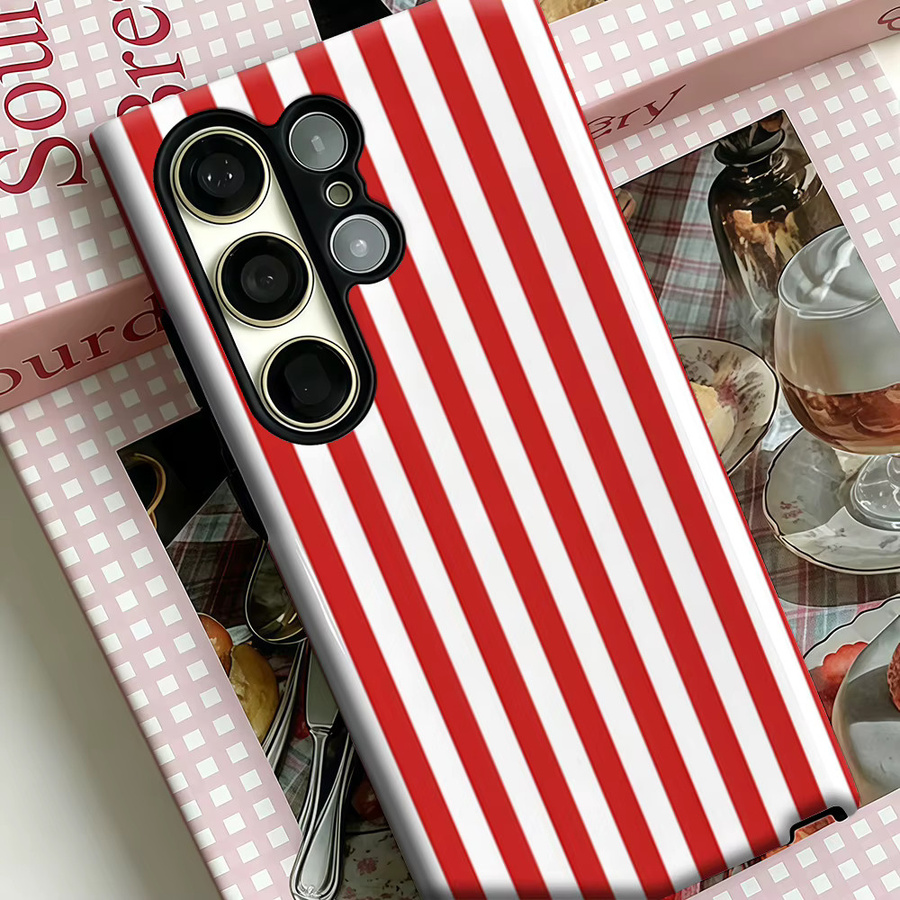 Stoßfeste Doppelschicht Handyhülle für Samsung Galaxy S25 Ultra, S24 und S23 Ultra Plus in Rot-Weiß Gestreift - Bild 4