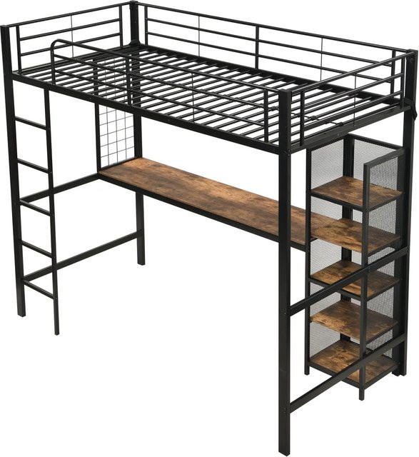 okwish Hochbett für Kinderzimmer mit Tisch und Regalschrank, Schwarz und Braun, B/T/H: 204 x 90 x 149,5 cm - Bild 1