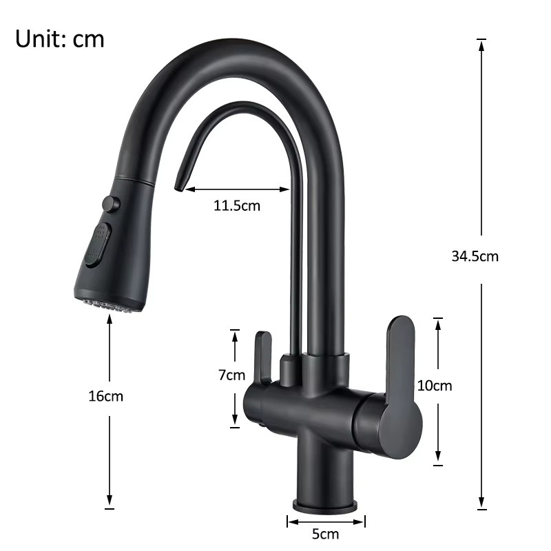 Wasserfilter-Küchenarmatur Rozin in Schwarz mit 360° drehbarer ausziehbarer Brause und 3-Wege-Mischbatterie für Heiß- und Kaltwasser - Bild 3