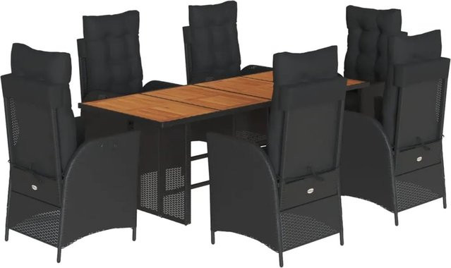 vidaXL 7-tlg Garten-Essgruppe aus Poly-Rattan und Akazienholz mit Kissen in Schwarz - Bild 1