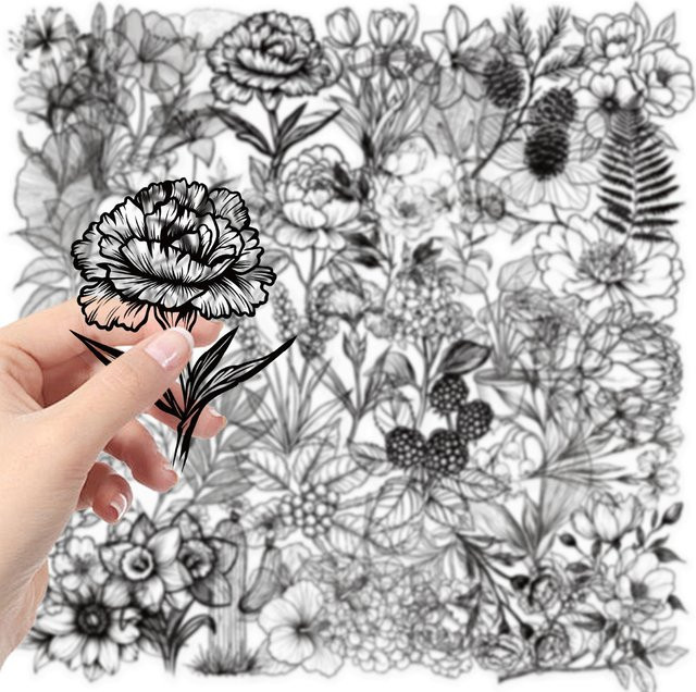 50 Stück monochrome Cartoon-Pflanzenaufkleber von YourLife Store aus transparentem PET für Telefone und Wasserflaschen in Schwarz - Bild 1