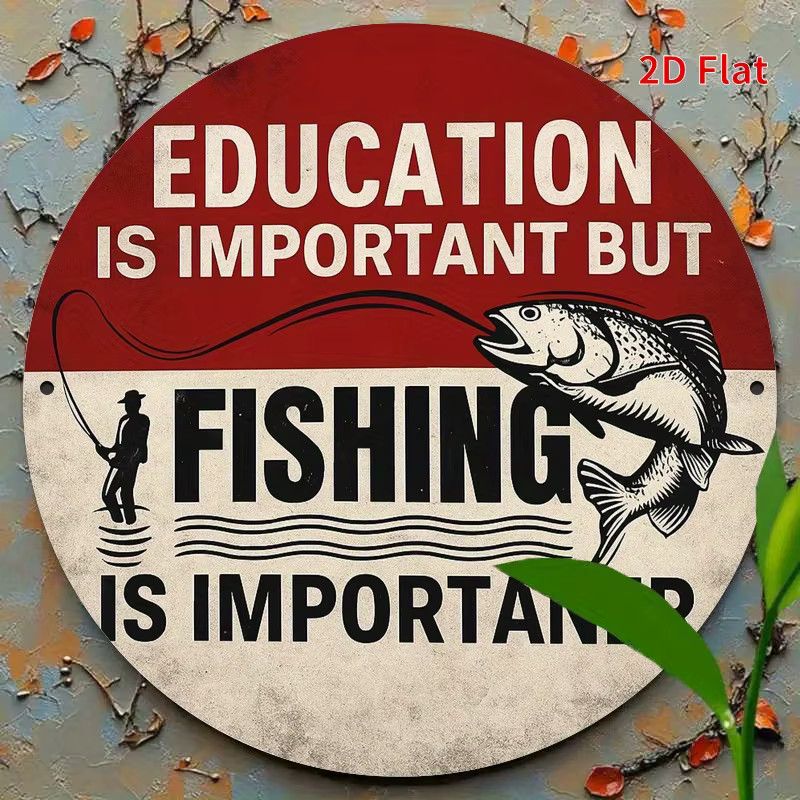 Potdemiel Metallschild im Vintage-Stil Education is Important But Fishing is Importanter, rund, Durchmesser: 19,81 cm, Rot und Weiß - Bild 5