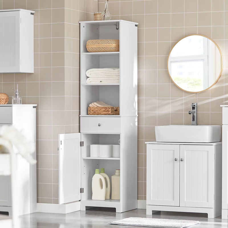 SoBuy BZR17 Badezimmer Hochschrank in Dunkelgrau mit 3 offenen Fächern, 1 Schublade und 1 Tür - Bild 2