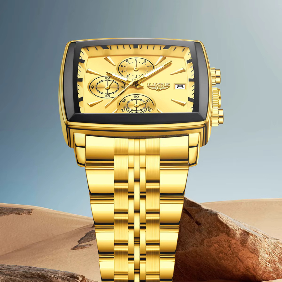 LIGE Chronograph Armbanduhr, Edelstahl, Gold, Quarz, Herren, Eckig - Bild 3