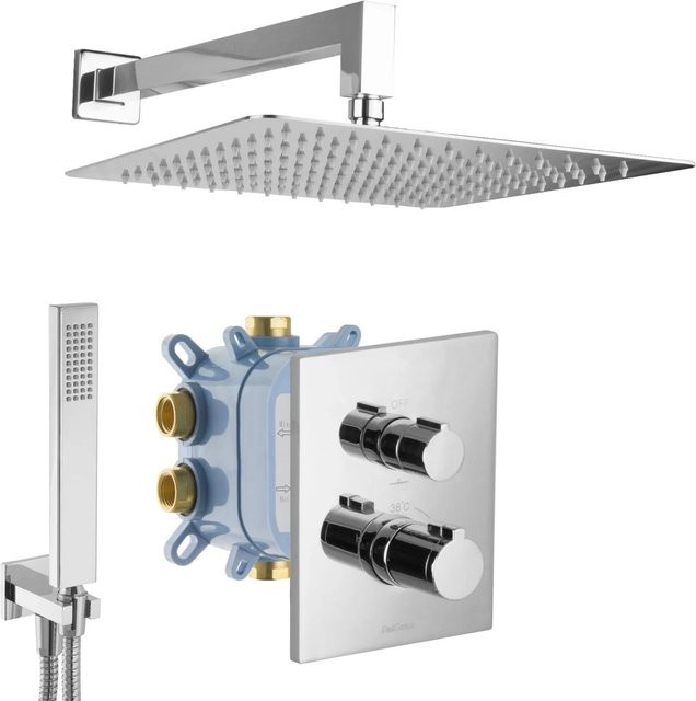 PaulGurkes Duschsystem mit Thermostat und Regendusche in Chrom, Unterputz-Montage mit Handbrause und fester Säule - Bild 1