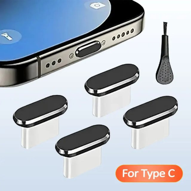4 Stück USB-C Staubschutzkappen mit Reinigungsbürste in Schwarz und Silber zur Abdeckung des Ladeanschlusses für iPhone 15, 16 und Samsung Smartphones - Bild 1
