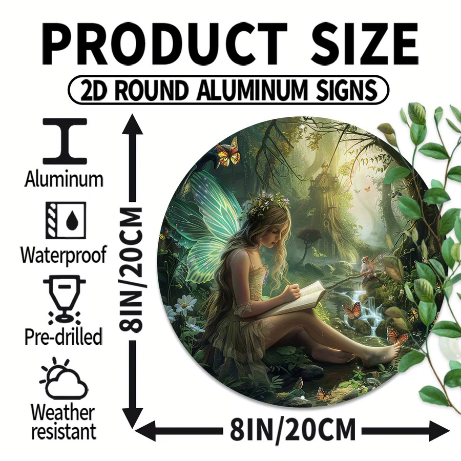 Potdemiel Rundes Aluminium-Wandschild Enchanted Elf Girl Vintage-Waldszene mit Fee und Schmetterlingen, Mehrfarbig, Durchmesser: 20,32 cm - Bild 3