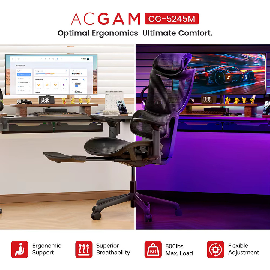 ACGAM CG-5245M Ergonomischer Gaming-Stuhl in Schwarz mit atmungsaktivem Netzstoff, verstellbarer Lendenwirbelstütze, 3D-Armlehnen und 2D-verstellbarer Kopfstütze - Bild 3