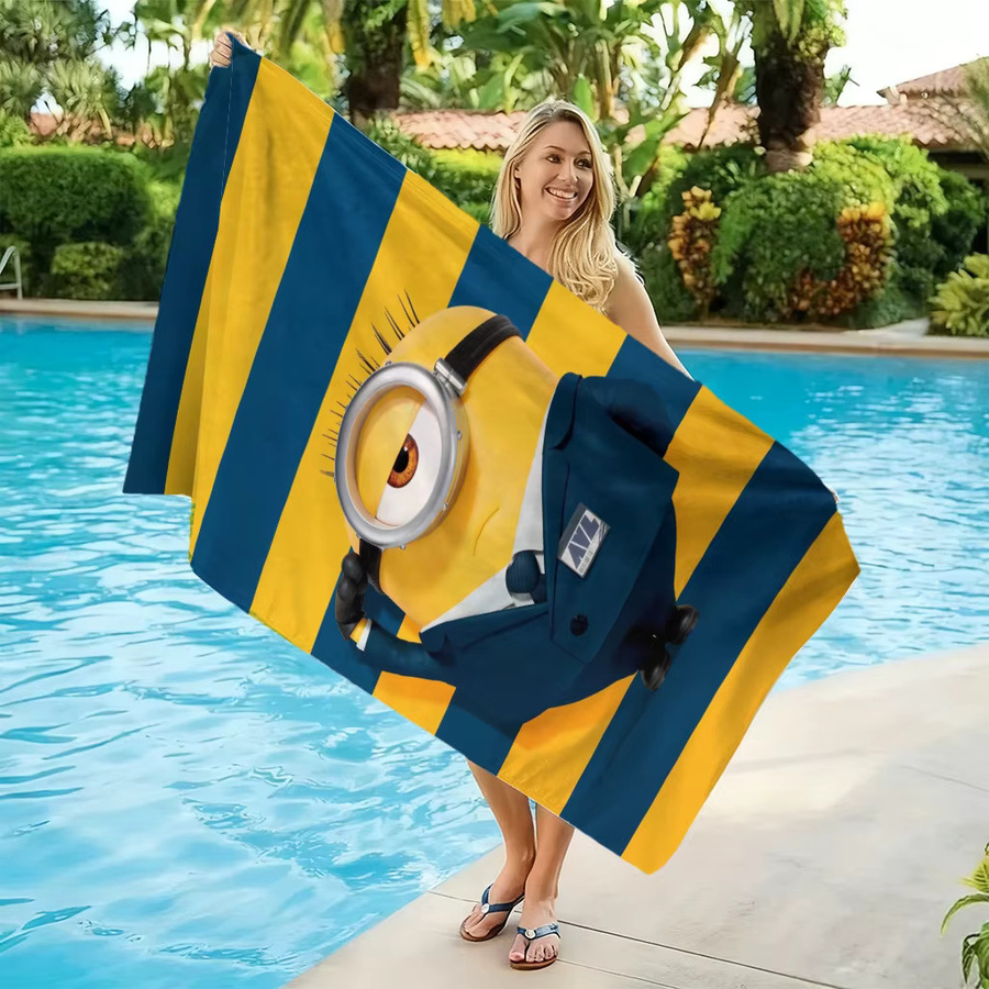 Strandtuch Potdemiel gelb und blau gestreift mit niedlichen Kreaturen, schnell trocknend, Unisex - Bild 4