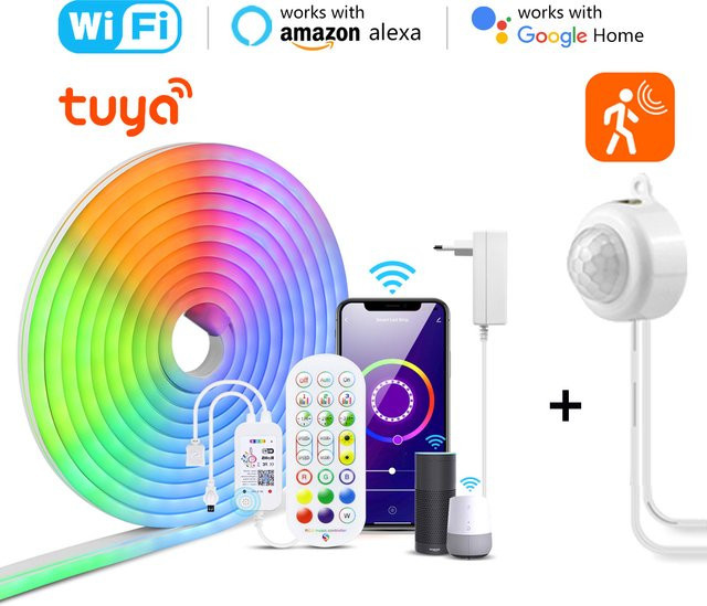 Lcamaw RGB LED Neon Flex Lichtstreifen mit Bewegungssensor und Tuya Smart Home App Steuerung, dimmbar, Multicolour, 12V - Bild 1