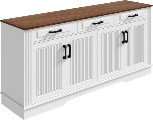 Merax Sideboard mit 3D-Streifen-Design in Weiß, 4 Türen und 3 Schubladen aus MDF, B/T/H: 140 x 40 x 75 cm - Bild 1