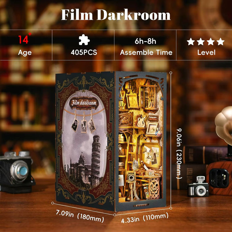 ATUBAN Book Nook Kit DIY Puppenhaus 3D Holzpuzzle als Vintage Bücherregal Einsatz in Orange und Mehrfarbig mit floralem Design - Bild 2